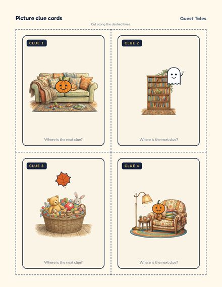 Four Halloween picture clue cards for ages 4–5: a sofa, a bookshelf, a toy basket and a reading nook, with a pumpkin, a ghost and a leaf