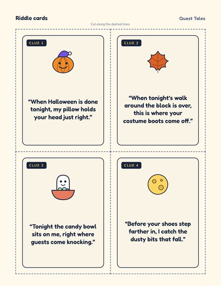 Four Halloween riddle cards for ages 6–9 with a pumpkin, a leaf, a ghost and a moon
