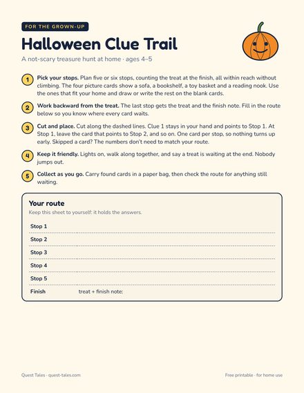 The route sheet of the Halloween clue cards: five setup steps and a table to note each stop