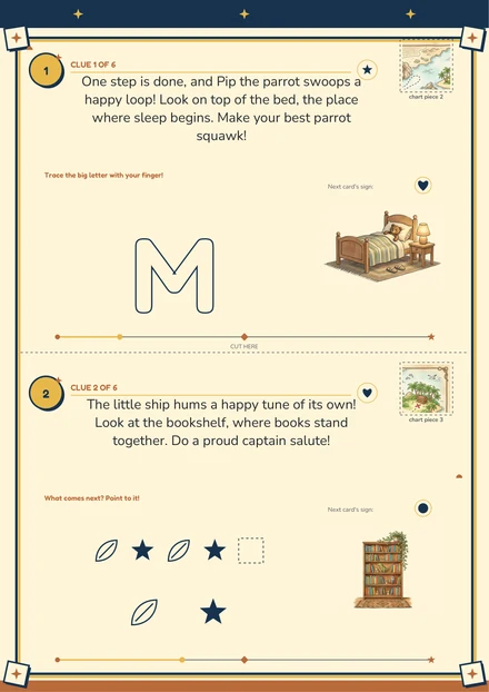 Full color: the same two pirate clue cards from Mia’s sample quest
