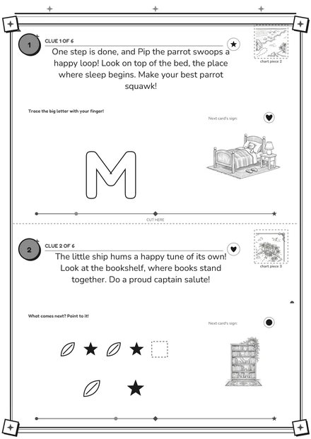 Ink-saver: the same two pirate clue cards from Mia’s sample quest