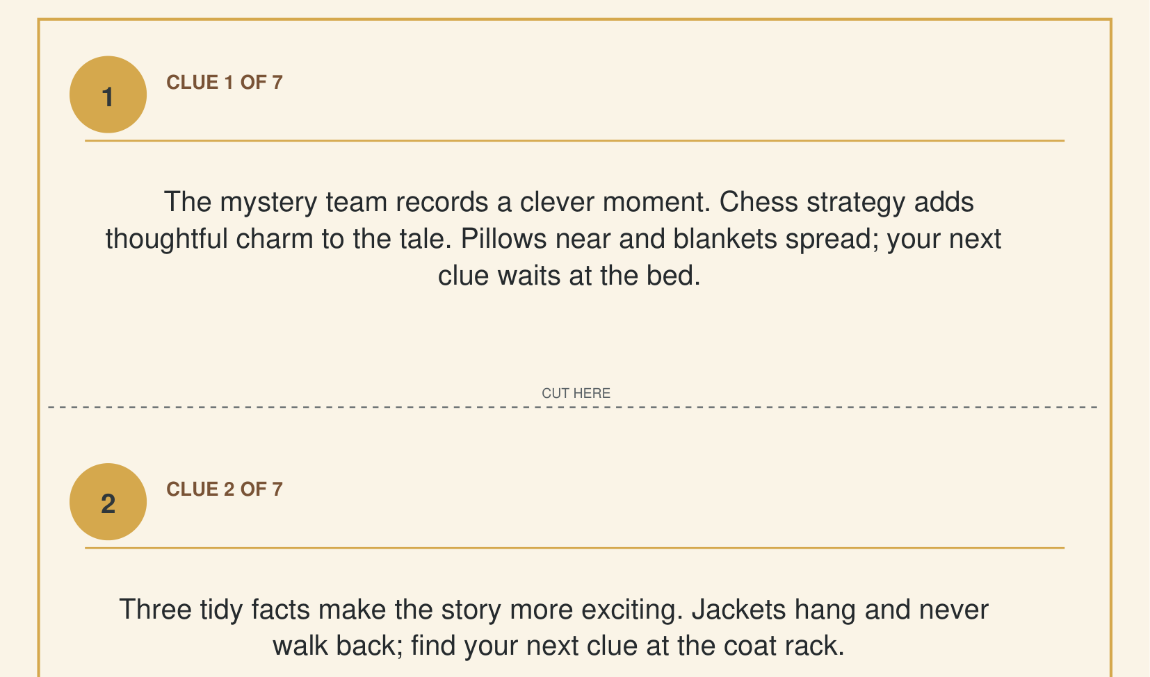 Two real clue cards from a Quest Tales PDF, cut apart on the dashed line, Detective theme age 6