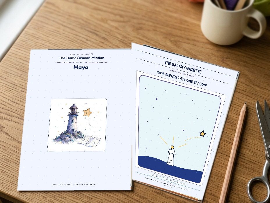 Two printed sheets of a personalized Quest Tales PDF on a wooden table: the Space cover with the child's name and the Galaxy Gazette finale page