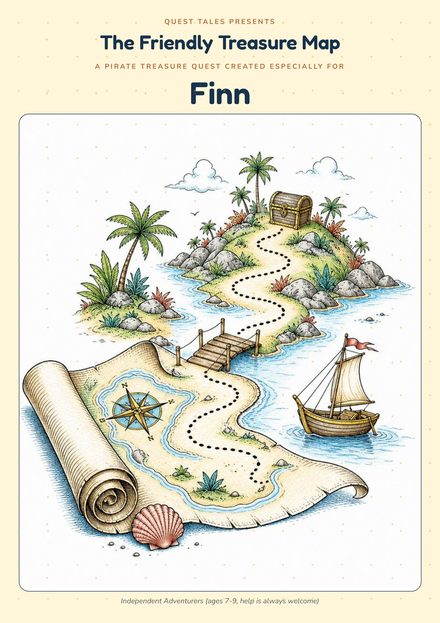 Sheet 1: the cover of The Friendly Treasure Map. Page from a sample Quest Tales PDF (Pirates, age 8).
