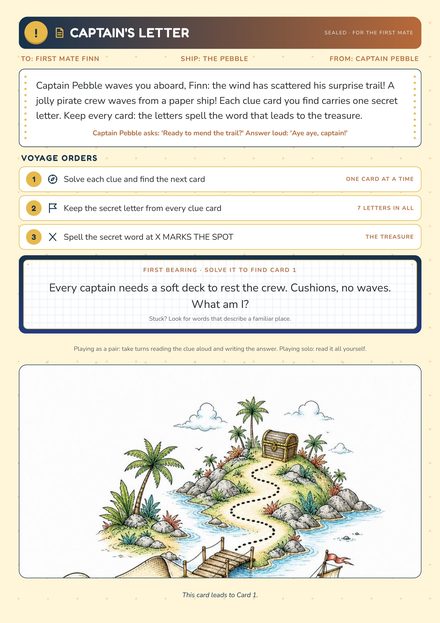 Sheet 3: the Captain's Letter that starts the voyage, with the first riddle. Page from a sample Quest Tales PDF (Pirates, age 8).