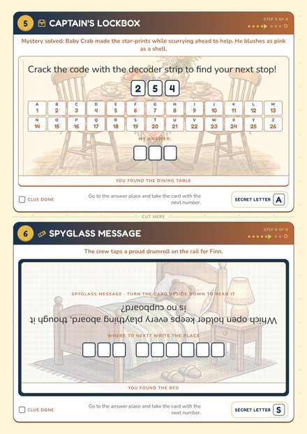 Sheet 6: the Captain's Lockbox number code and the upside-down Spyglass Message, cards 5–6, each with a secret letter. Page from a sample Quest Tales PDF (Pirates, age 8).
