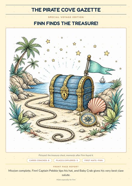 Sheet 8: The Pirate Cove Gazette finale, with the treasure chest found. Page from a sample Quest Tales PDF (Pirates, age 8).