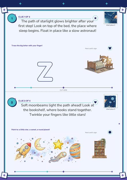 Sheet 4: clue cards 1 and 2, which lead to the bed and then to the bookshelf, each with a drawing of that place, a short action, a small task, and a chart piece. Pages from a sample Quest Tales PDF (Space, age 5).
