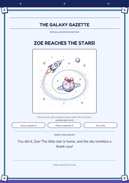 Sheet 7: the Galaxy Gazette finale, with the rocket and the ringed planet tied with a bow. Pages from a sample Quest Tales PDF (Space, age 5).