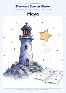 Sheet 1 of a sample Quest Tales PDF: the cover of The Home Beacon Mission with the child's name