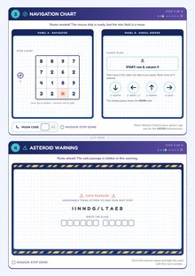Sheet 5: mission cards 3 and 4, the Navigation Chart and the Asteroid Warning