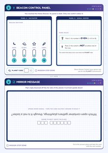 Sheet 6: mission cards 5 and 6, the Beacon Control Panel and the upside-down Mirror Message